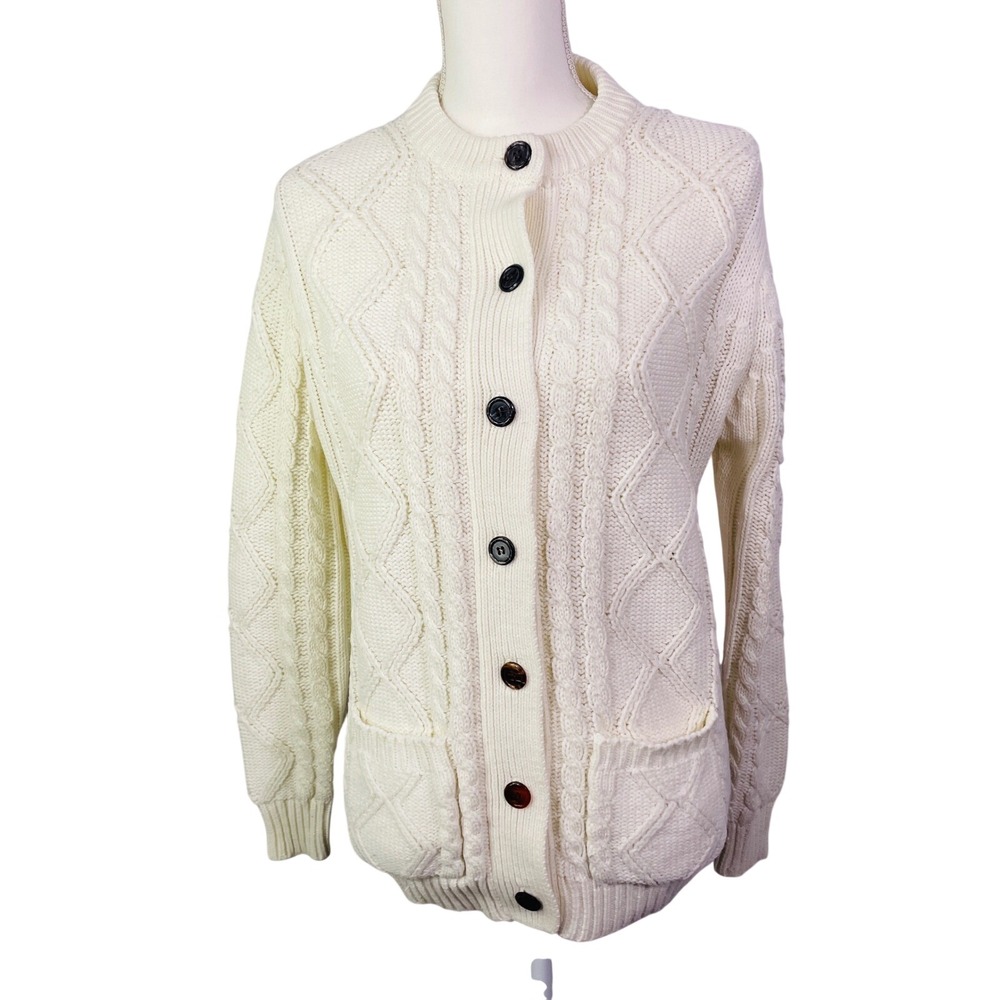 VTG Sweater Girl of California Sweater Cable Knit‎ Cardigan Women's L Cream
